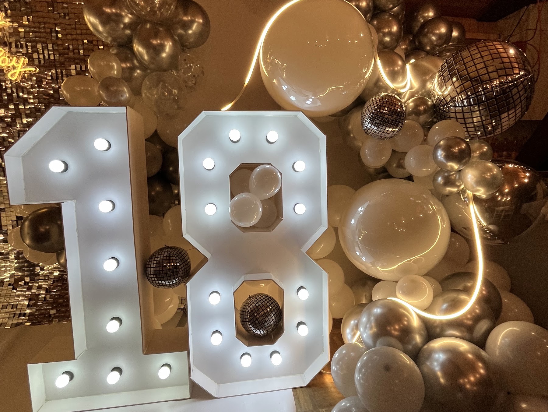 Weisse Leuchtzahl 18 mit Glühbirnen vor Ballons in Silber und Weiss und Discokugeln